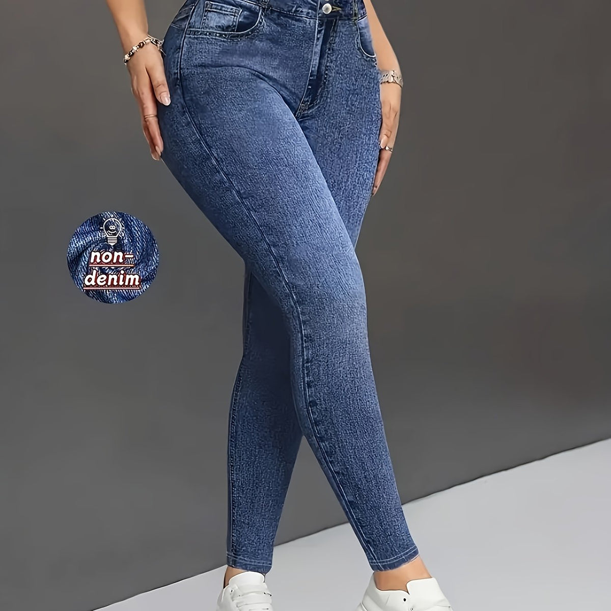 [Denim Print/Imitation Denim] Women's Wash Blue Distressed Imitation Denim Jumbo Jeans - Stretch Skinny-Fit Tapered Leg, All-Season Comfort, Machine Washable Casual to Formal Pants for Everyday & Special Occasions (Non-Nylon