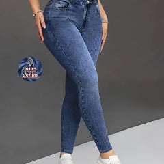 [Denim Print/Imitation Denim] Women's Wash Blue Distressed Imitation Denim Jumbo Jeans - Stretch Skinny-Fit Tapered Leg, All-Season Comfort, Machine Washable Casual to Formal Pants for Everyday & Special Occasions (Non-Nylon