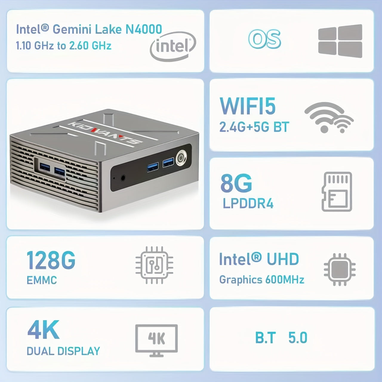 KG1 Mini PC N4000 (up To 2.6GHz), Mini Computer 8GB LPDDR4 RAM/128GB EMMC, Mini Desktop Computer Support 4K Dual Display