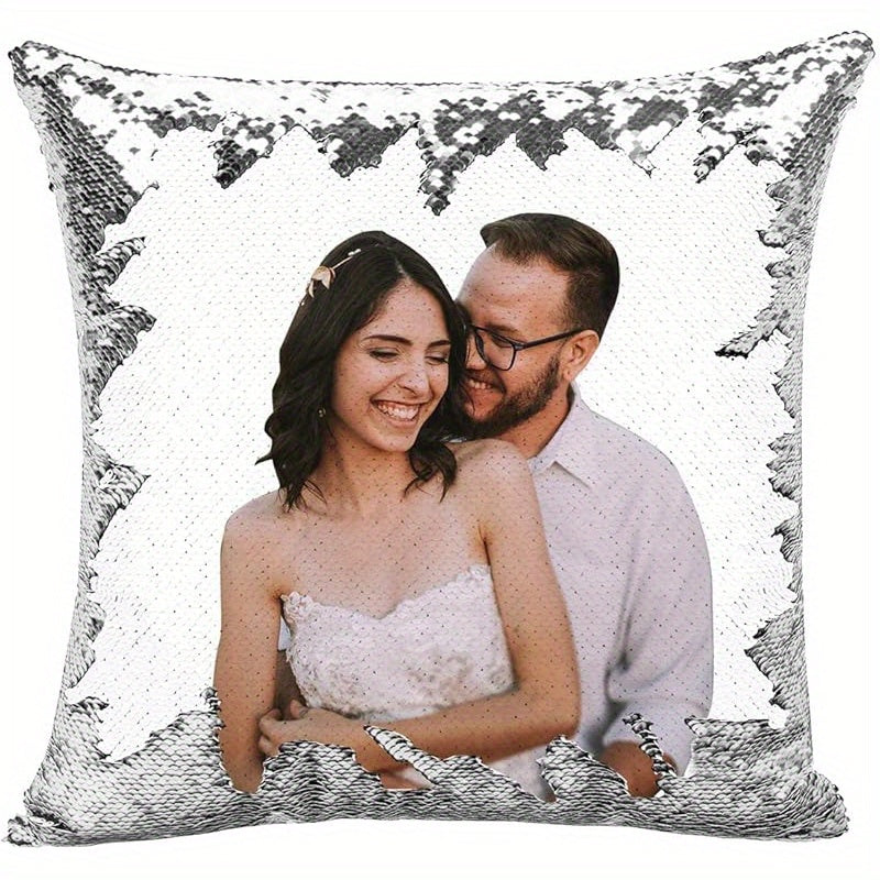 1pc Romantic Couple Photo Pillow Cover - Magical Reversible Home Decor Gift, 18.0inch x 18.0inch Anniversary Decoration Pillowcase, Peach Fleece Material with Simulated Sequin Design (No Sequins, Glitter Effect is Design)