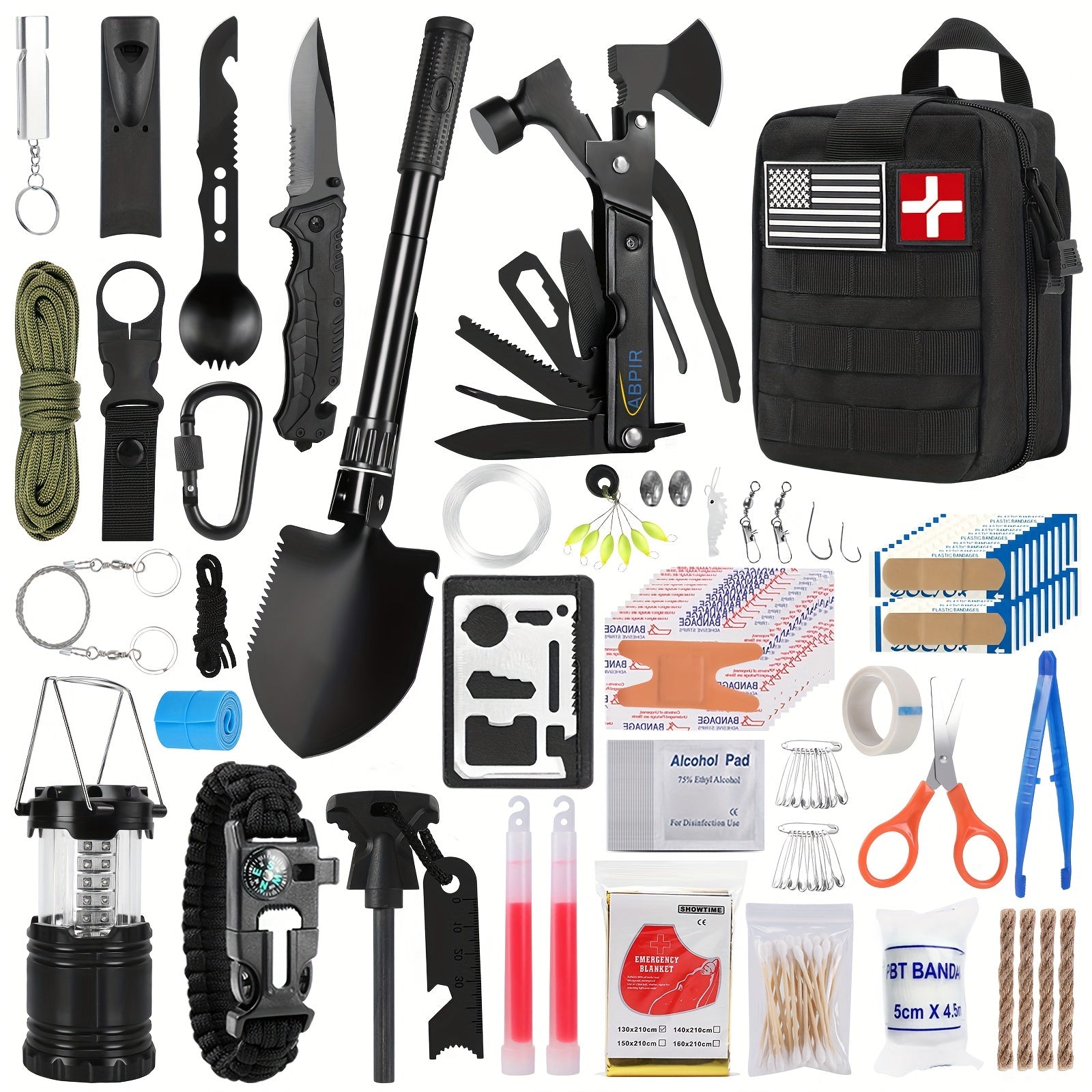 Survival kit and first aid kit 170 in one, 170 emergency supplies, camping accessories, upgraded Molle kit including axe, shovel, knife, lantern. Suitable for men outdoor adventure, camping, hiking, fishing, hunting, hiking,