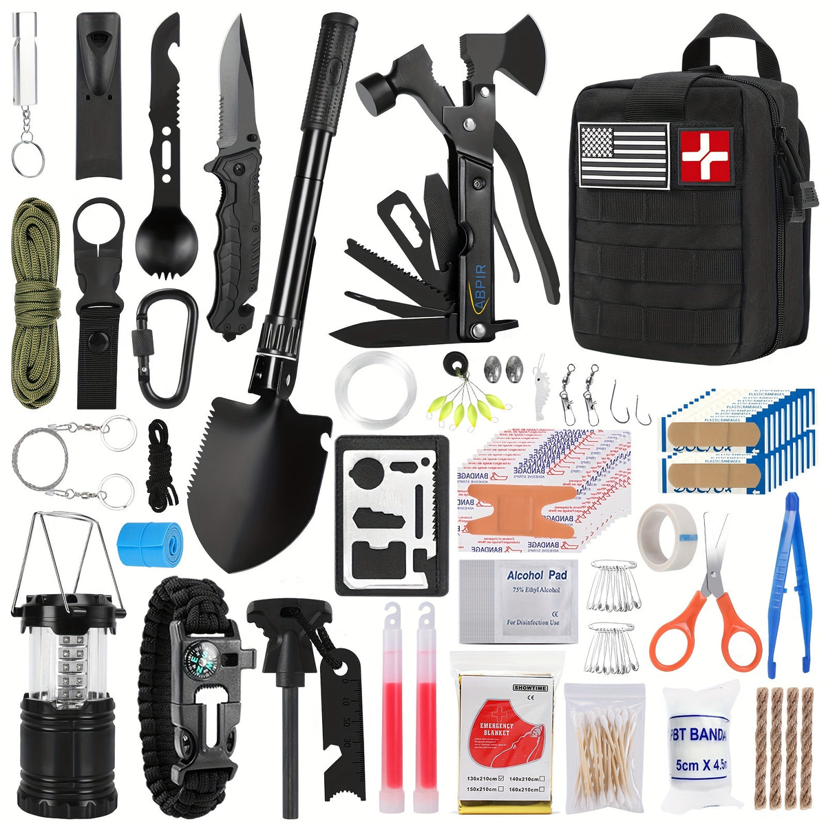 Survival kit and first aid kit 170 in one, 170 emergency supplies, camping accessories, upgraded Molle kit including axe, shovel, knife, lantern. Suitable for men outdoor adventure, camping, hiking, fishing, hunting, hiking,