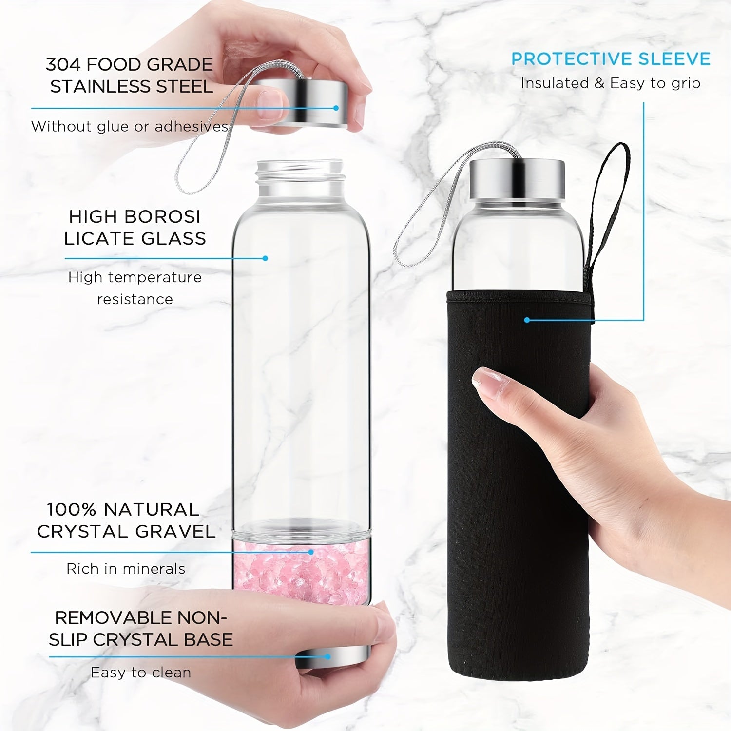 15oz Enchanting Crystal Glass Water Bottle with Natural Stone Infusion - Sustainable, Relaxing Gift for Women with Protective Cover and Detachable Gemstone