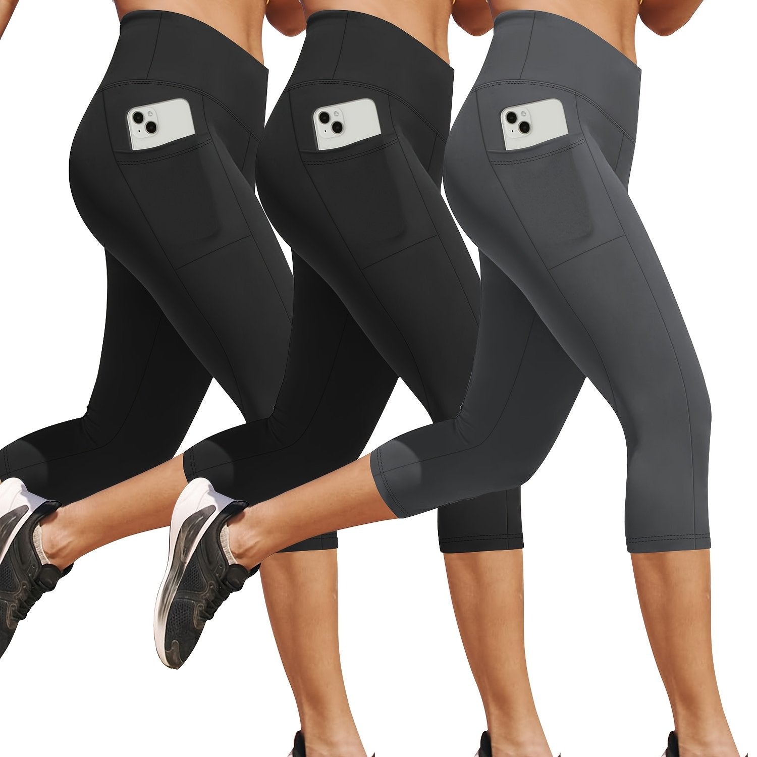 3pcs Set, Standard Size High Waist 7-point Women's Pants with Practical Side Pockets, High Elastic Body Shaping Leggings, Super Soft Tummy-controlling, Non-see-through Shorts.