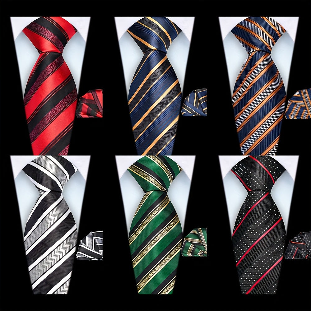 Ricnais Set of 2 Men's 8cm Striped Tie and Square Scarf High Quality Classic Fashion Wedding Party Business Tie Set Men's Wedding Accessories Home Gift Christmas Gift Party Gift