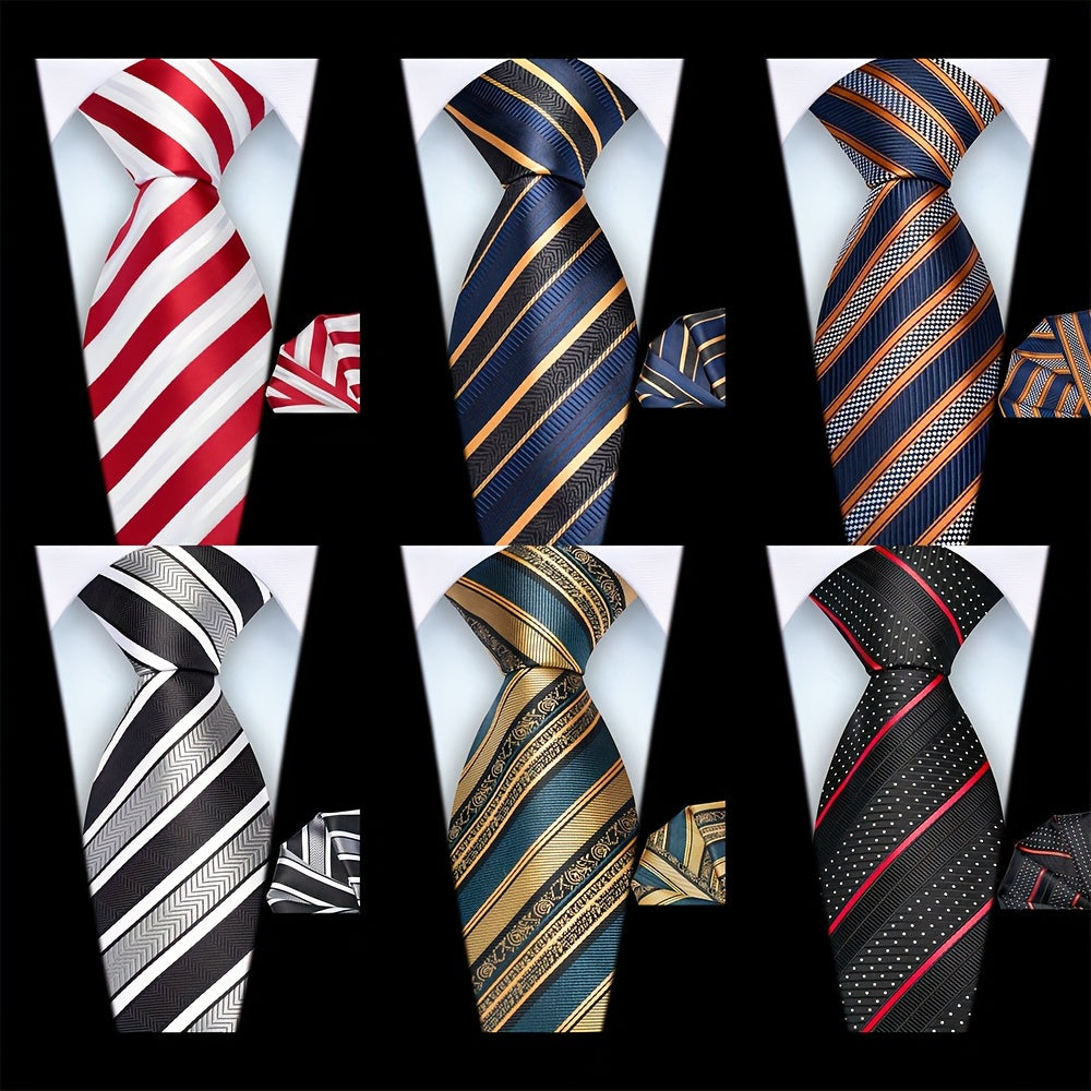 Ricnais Set of 2 Men's 8cm Striped Tie and Square Scarf High Quality Classic Fashion Wedding Party Business Tie Set Men's Wedding Accessories Home Gift Christmas Gift Party Gift