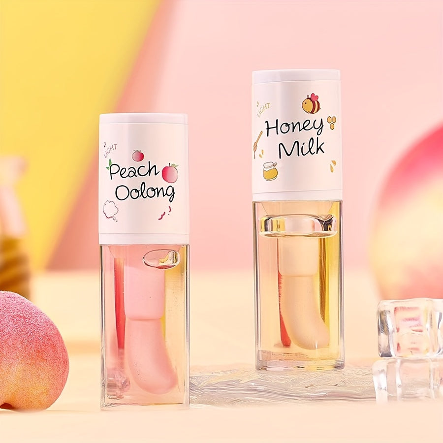 Honey Milk & Peach Oolong Flavored Lip Oil Lip Gloss, Moisturizing And Nourishing Lip Care, Non-Sticky, Shiny Finish - Ideal For Daily Lip Care