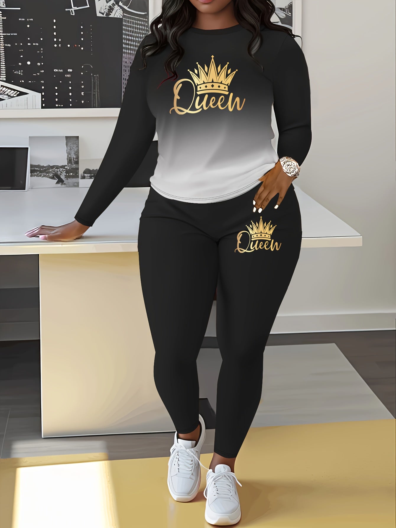 Gradient Crown Print Casual Autumn and Winter Long Sleeve Round Neck Women's Pants Set