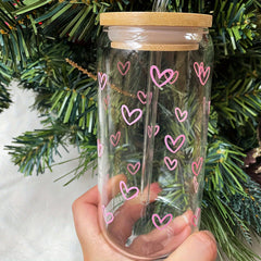 16oz Heart Print Glass Water Bottle with Straw and Lid, Hand Wash Only Recyclable Glass, Reusable Multipurpose Beverage Cup for Coffee, Milk, Juice, Beer
