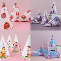 6pcs Birthday Party Paper Hat, Animal Strawberry Mermaid Party Birthday Hat, Event Party Supplies, Disposable Birthday Paper Hat, Holiday Ornament, Creative Small Gift