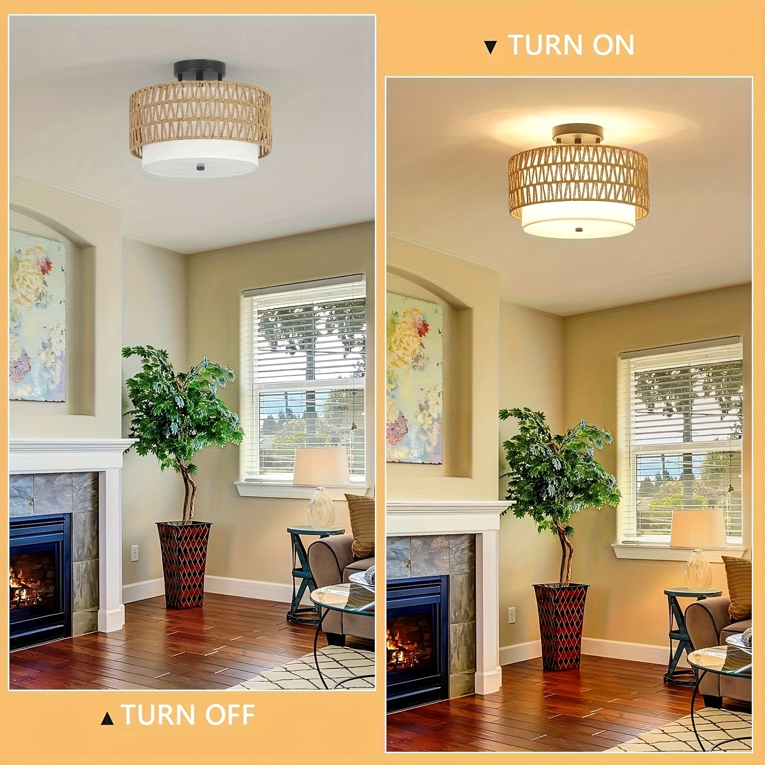 Boho Pendant Light - Semi-Flush Mount Farmhouse Lighting Fixture, for Living Room, Kitchen, Dining Table - Compatible with US Voltage (110-240V) - Bulb Not Included, Boho Lamps for Living Room, Kitchen Fixture, Rustic Charm,