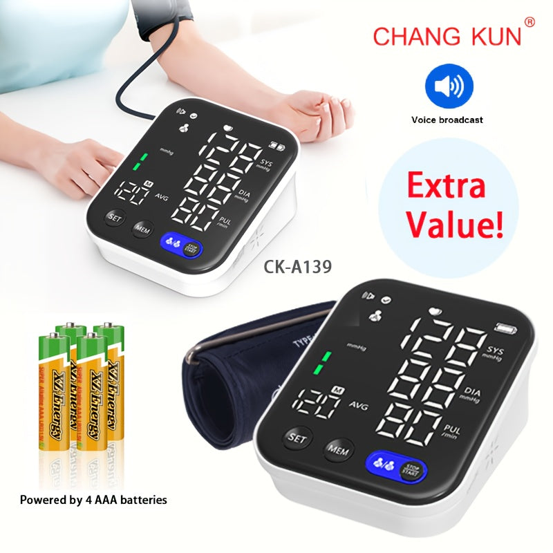 CHANG KUN Rechargeable Automatic Upper Arm Sphygmomanometer, Blood Pressure Monitor with Heart Rate, Three-color Backlit Display And Voice, with Large 8.7"-15.7" Adjustable Cuff, Health Tracking, Voice Alert, Adjustable Fit,