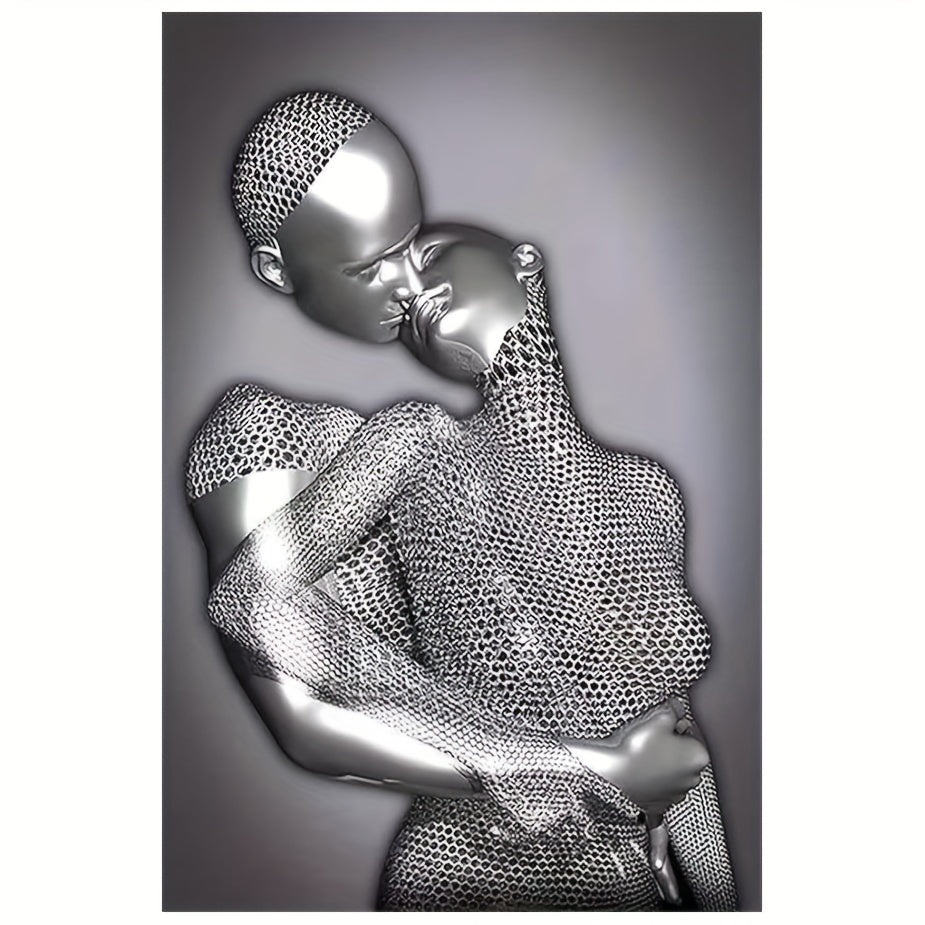 Romantic Couple Embrace Abstract Metal Sculpture Wall Art - Frameless Grey & Black Canvas Print For Bedroom, Living Room, Bathroom Decor - Perfect Valentine'S Day Gift, 12X18 Inches