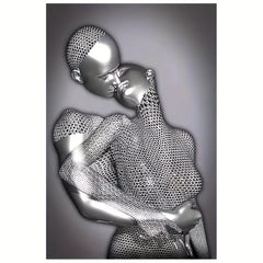 Romantic Couple Embrace Abstract Metal Sculpture Wall Art - Frameless Grey & Black Canvas Print For Bedroom, Living Room, Bathroom Decor - Perfect Valentine'S Day Gift, 12X18 Inches