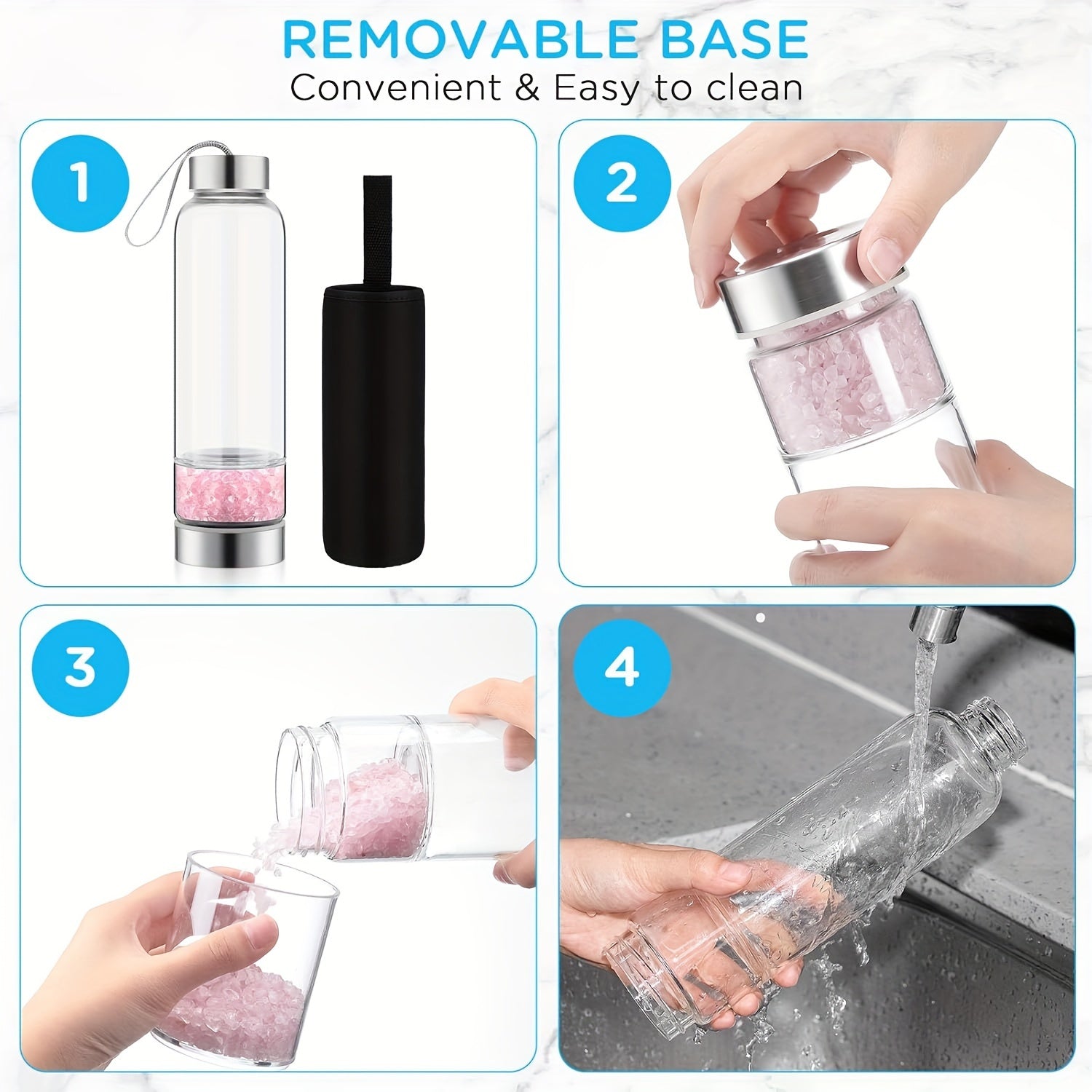 15oz Enchanting Crystal Glass Water Bottle with Natural Stone Infusion - Sustainable, Relaxing Gift for Women with Protective Cover and Detachable Gemstone