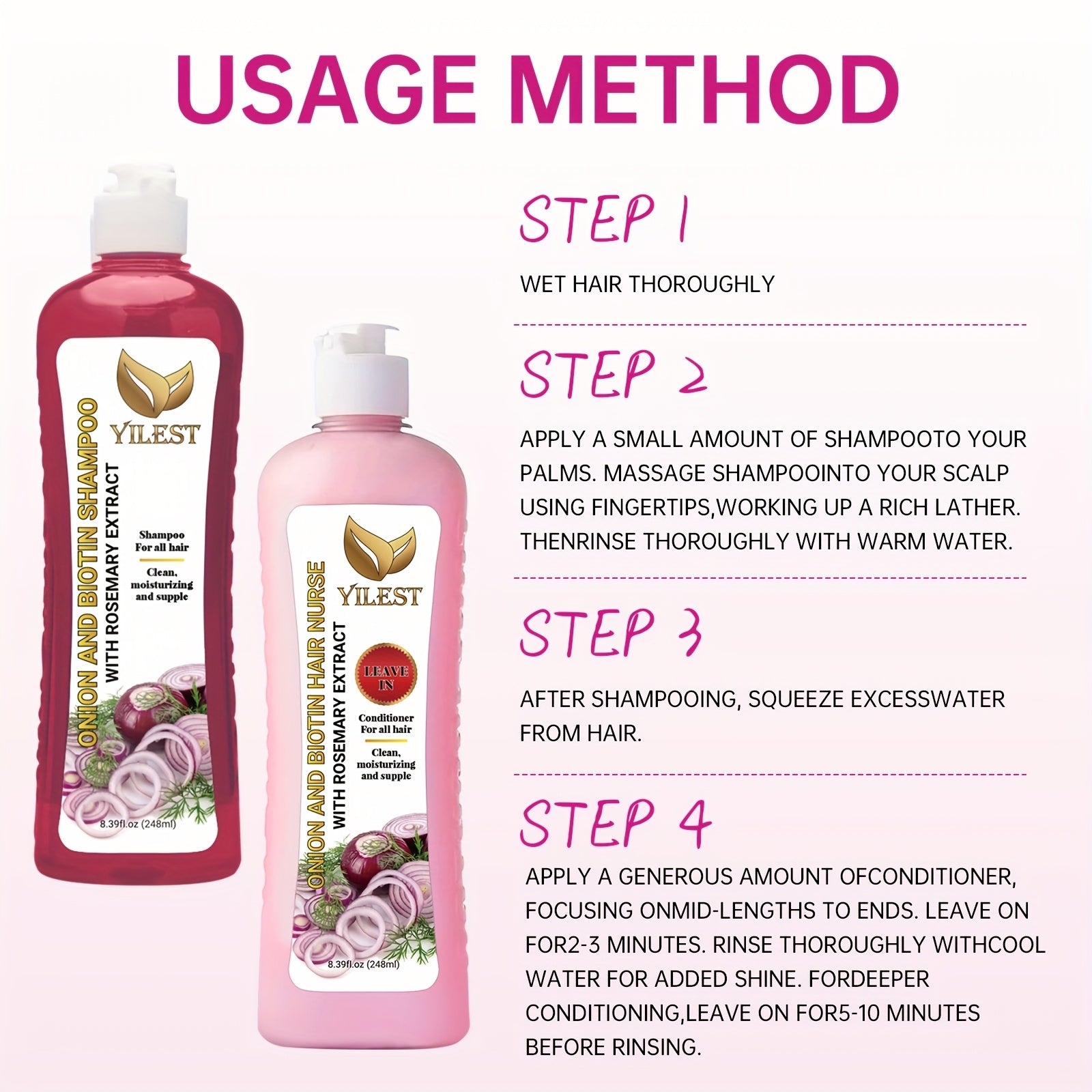 YILEST 2-bottle Onion Bio-Shampoo Set Rosemary Shampoo And Conditioner, Smoothing, Cleaning Hair - Soft And Shiny, for damage Hair, Shampoo for All Hair Types - Hair Moisturizing, Not Greasy, Christmas Mother Holiday Gift