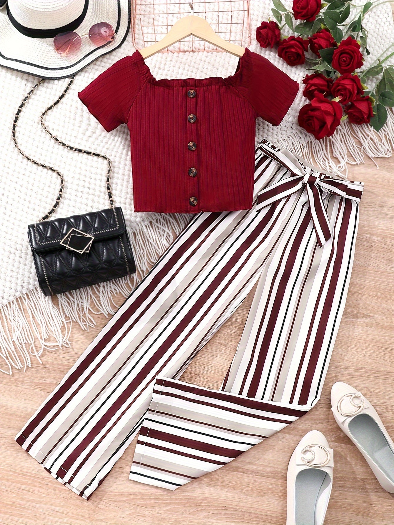 Buy 1 Get 1 Free, total of 2 PCS Adorable Girls' Puff Short Sleeve T-Shirt Top + Striped Pants Set - Soft, Breathable, and Comfortable - Perfect for Spring, Fall, and Christmas Gift Ideas