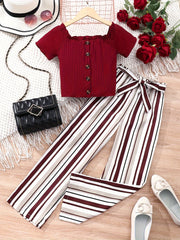 Buy 1 Get 1 Free, total of 2 PCS Adorable Girls' Puff Short Sleeve T-Shirt Top + Striped Pants Set - Soft, Breathable, and Comfortable - Perfect for Spring, Fall, and Christmas Gift Ideas