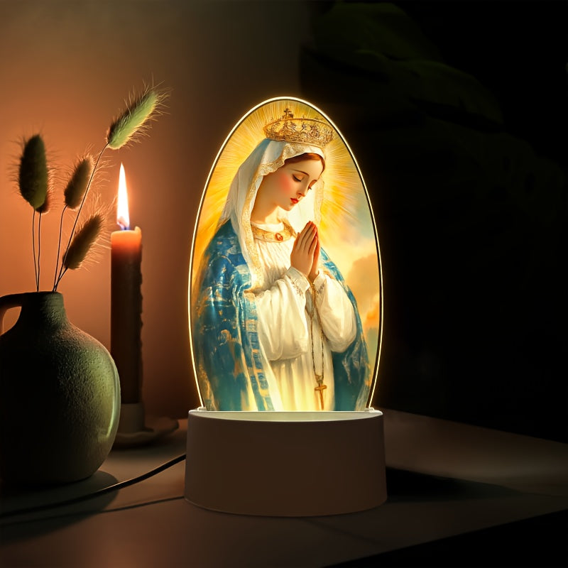 1pc Virgin Mary LED Night Light, Acrylic Round Decorative Lamp with Prayer Theme, USB Powered Desktop Lighting, Christian Religious Character Design, Ideal for Holiday Gifts and Hotel Decor