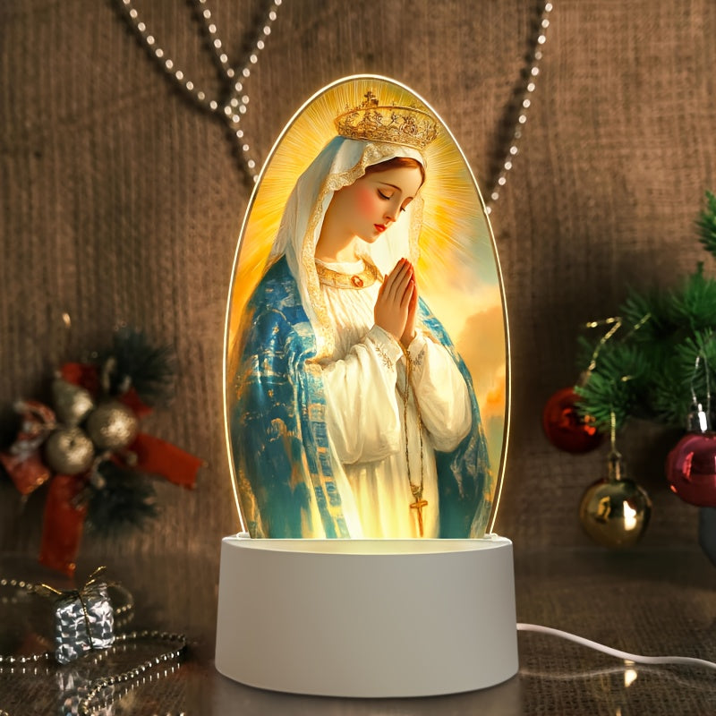 1pc Virgin Mary LED Night Light, Acrylic Round Decorative Lamp with Prayer Theme, USB Powered Desktop Lighting, Christian Religious Character Design, Ideal for Holiday Gifts and Hotel Decor