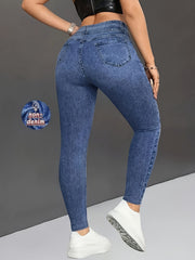 [Denim Print/Imitation Denim] Women's Wash Blue Distressed Imitation Denim Jumbo Jeans - Stretch Skinny-Fit Tapered Leg, All-Season Comfort, Machine Washable Casual to Formal Pants for Everyday & Special Occasions (Non-Nylon