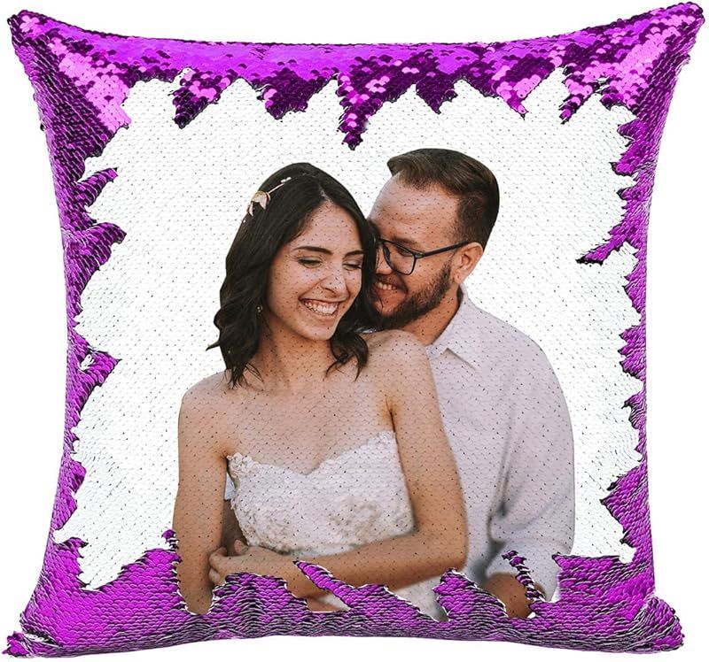 1pc Romantic Couple Photo Pillow Cover - Magical Reversible Home Decor Gift, 18.0inch x 18.0inch Anniversary Decoration Pillowcase, Peach Fleece Material with Simulated Sequin Design (No Sequins, Glitter Effect is Design)