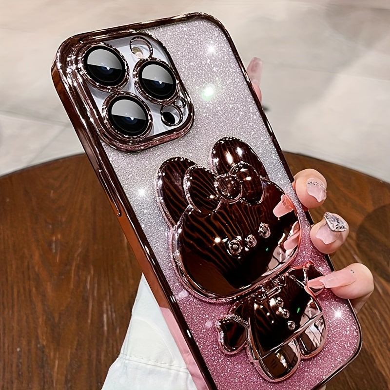 [Romantic iPhone Case] Apple iPhone 15/14/13/12/11Pro max Case, 1 Deluxe Electroplated | Romantic Cute Bunny Phone Holder and Hidden Holder - Shockproof Ultra-thin Protection, Easter - Valentine's Day Gift