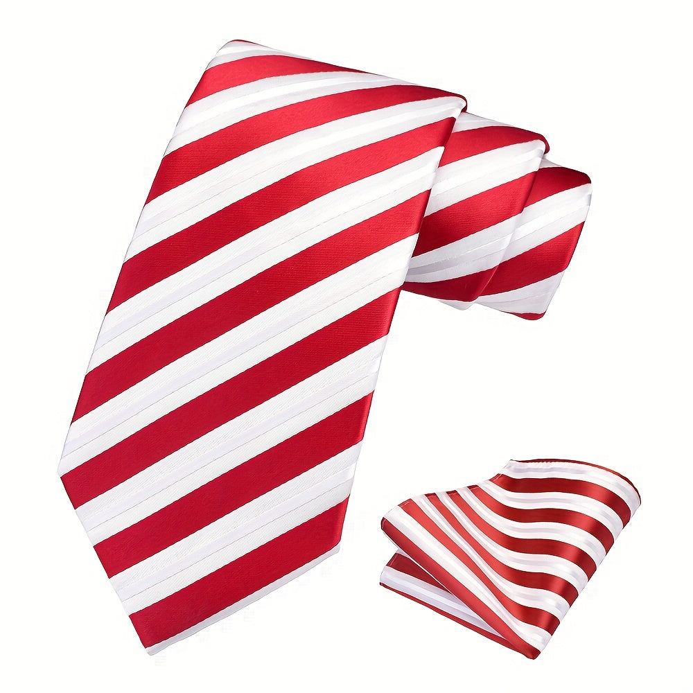 Ricnais Set of 2 Men's 8cm Striped Tie and Square Scarf High Quality Classic Fashion Wedding Party Business Tie Set Men's Wedding Accessories Home Gift Christmas Gift Party Gift