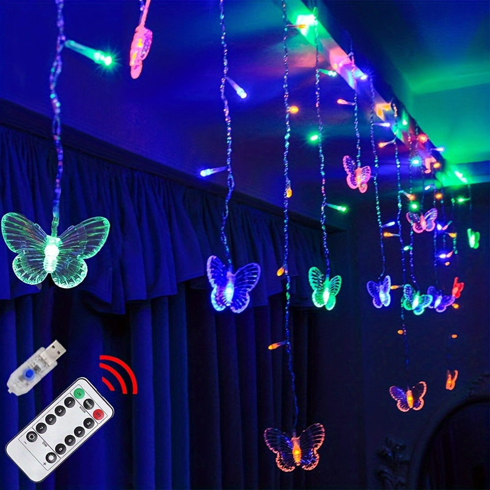 1pcs LED Christmas Light, LED Decorative Fairy String Light, 21.3ft/6.5m Butterfly Curtain Light, 8 Modes Twinkle String Light, Remote+ USB Powered Window Fairy Light, Holiday Wedding Party Bedroom Patio Decorative Light