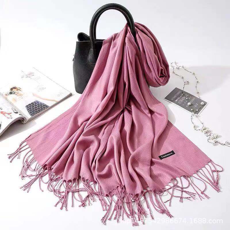 Imitation Cashmere Scarf for Women, Solid Color Fringed Warm Dual-use Shawl