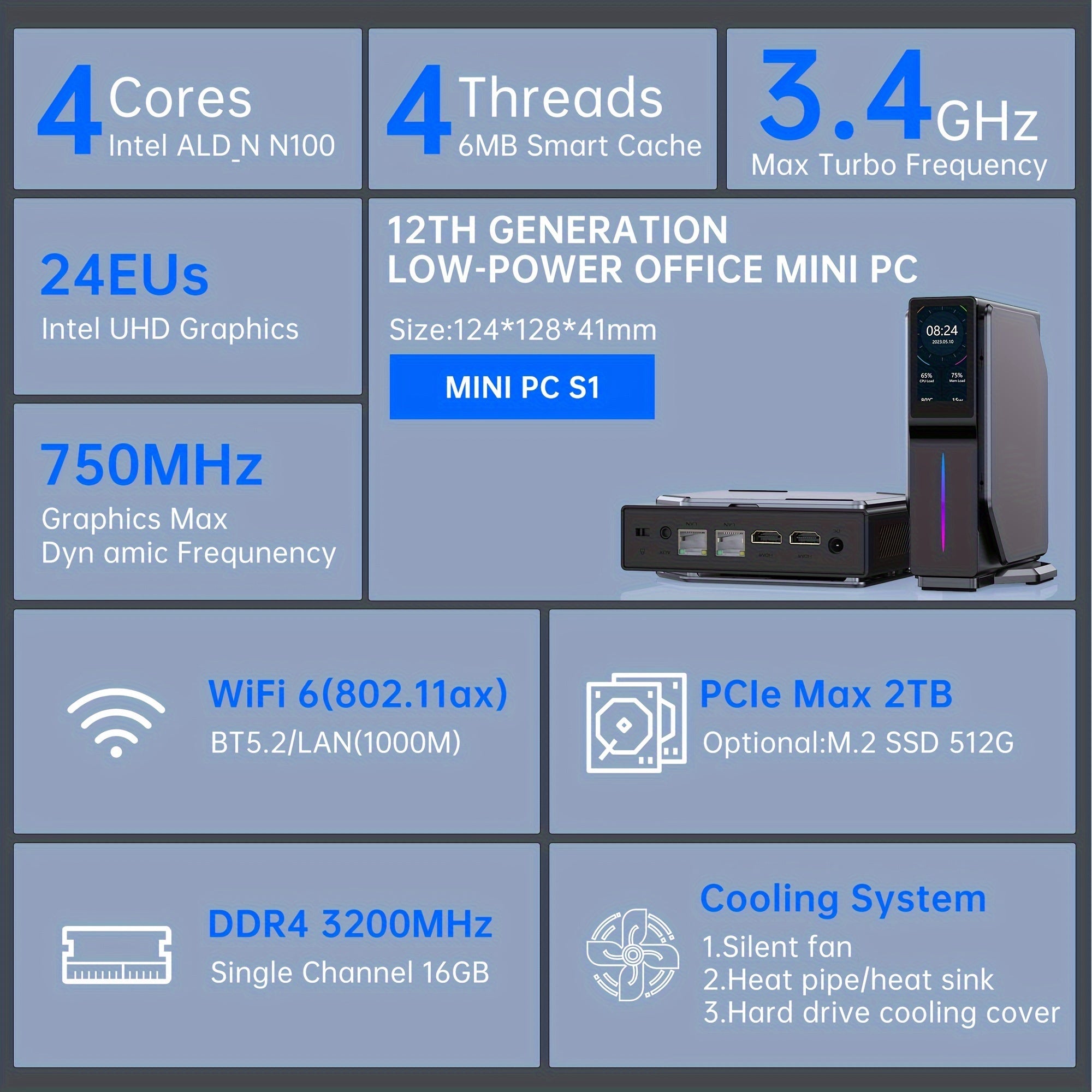 ACEMAGIC S1 Mini PC 12th Generation Alder Lake N100 16GB DDR4 RAM 512GB SSD Windows 11 4K UHD WiFi5 BT4.2 Mini Desktop PC Commercial Home