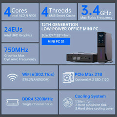 ACEMAGIC S1 Mini PC 12th Generation Alder Lake N100 16GB DDR4 RAM 512GB SSD Windows 11 4K UHD WiFi5 BT4.2 Mini Desktop PC Commercial Home