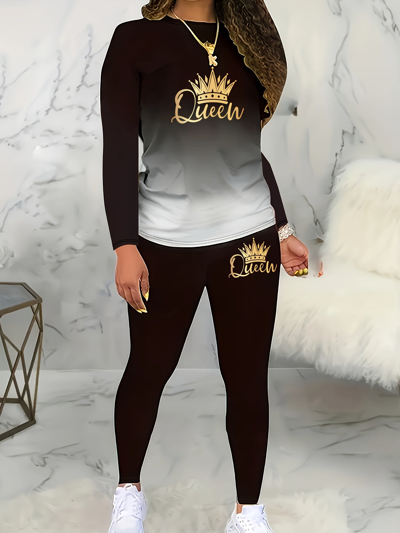 Gradient Crown Print Casual Autumn and Winter Long Sleeve Round Neck Women's Pants Set