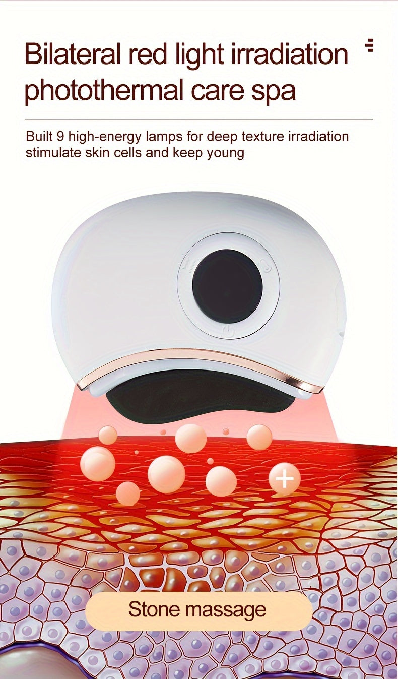Rechargeable Stone Scraping Face & Body Massager - Firming, Lifting Skin Tool with Bi-Stone, Vibration, Heating & Red Light Relax, USB Charging, White & Pink Design