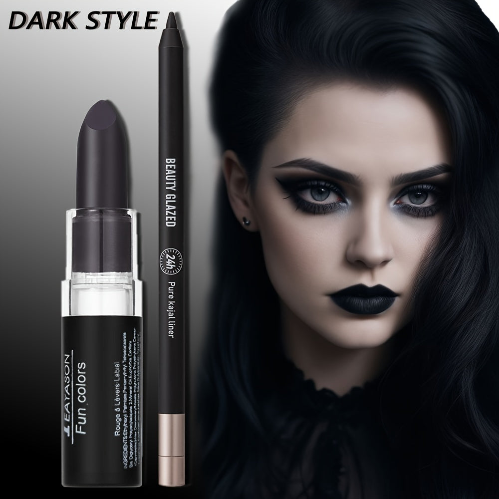 1 Set: Dark Style Matte Lipstick, Waterproof Eyeliner & Eyeshadow Pen Trio - Long-Lasting, Plant-Based Squalane Halloween Makeup Kit for Bold & Dramatic Looks