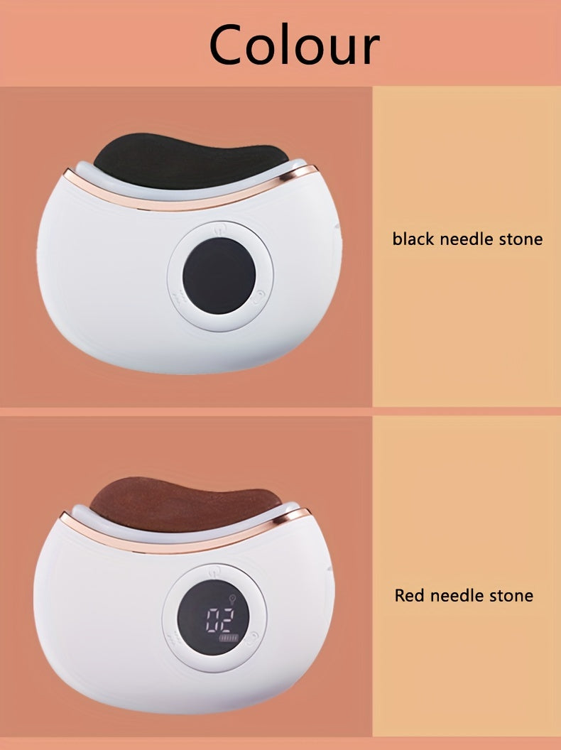 Rechargeable Stone Scraping Face & Body Massager - Firming, Lifting Skin Tool with Bi-Stone, Vibration, Heating & Red Light Relax, USB Charging, White & Pink Design