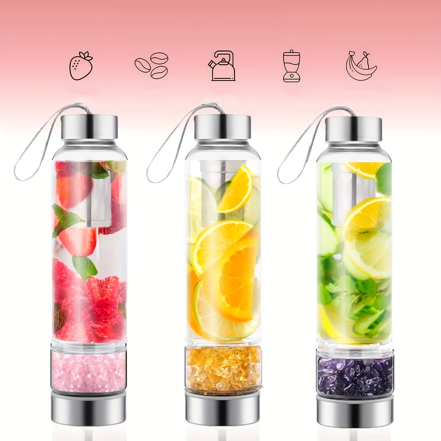 15oz Enchanting Crystal Glass Water Bottle with Natural Stone Infusion - Sustainable, Relaxing Gift for Women with Protective Cover and Detachable Gemstone