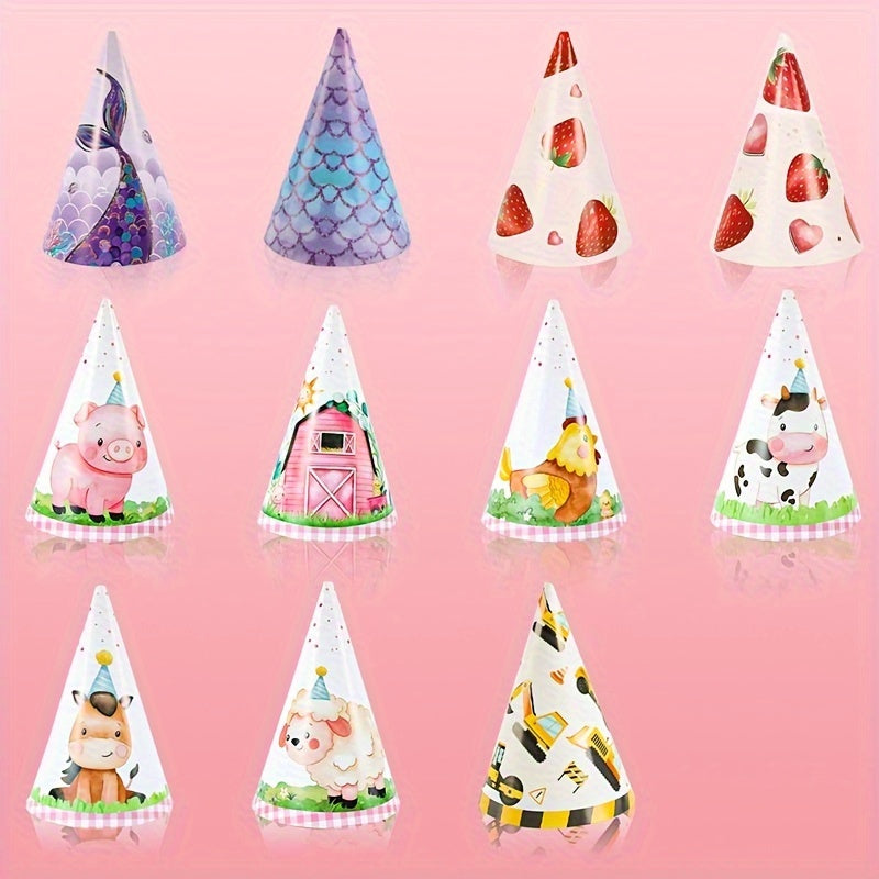 6pcs Birthday Party Paper Hat, Animal Strawberry Mermaid Party Birthday Hat, Event Party Supplies, Disposable Birthday Paper Hat, Holiday Ornament, Creative Small Gift