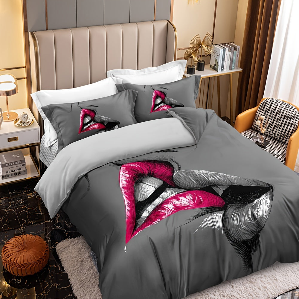 3-Piece Romantic Couple Bedding Set - Vibrant Kiss Sketch Crimson Lips Design, Soft Brushed Microfiber Fabric, Hypoallergenic, Breathable, Easy Care - 1 Duvet Cover + 2 Pillowcases, No Pillow Core Included