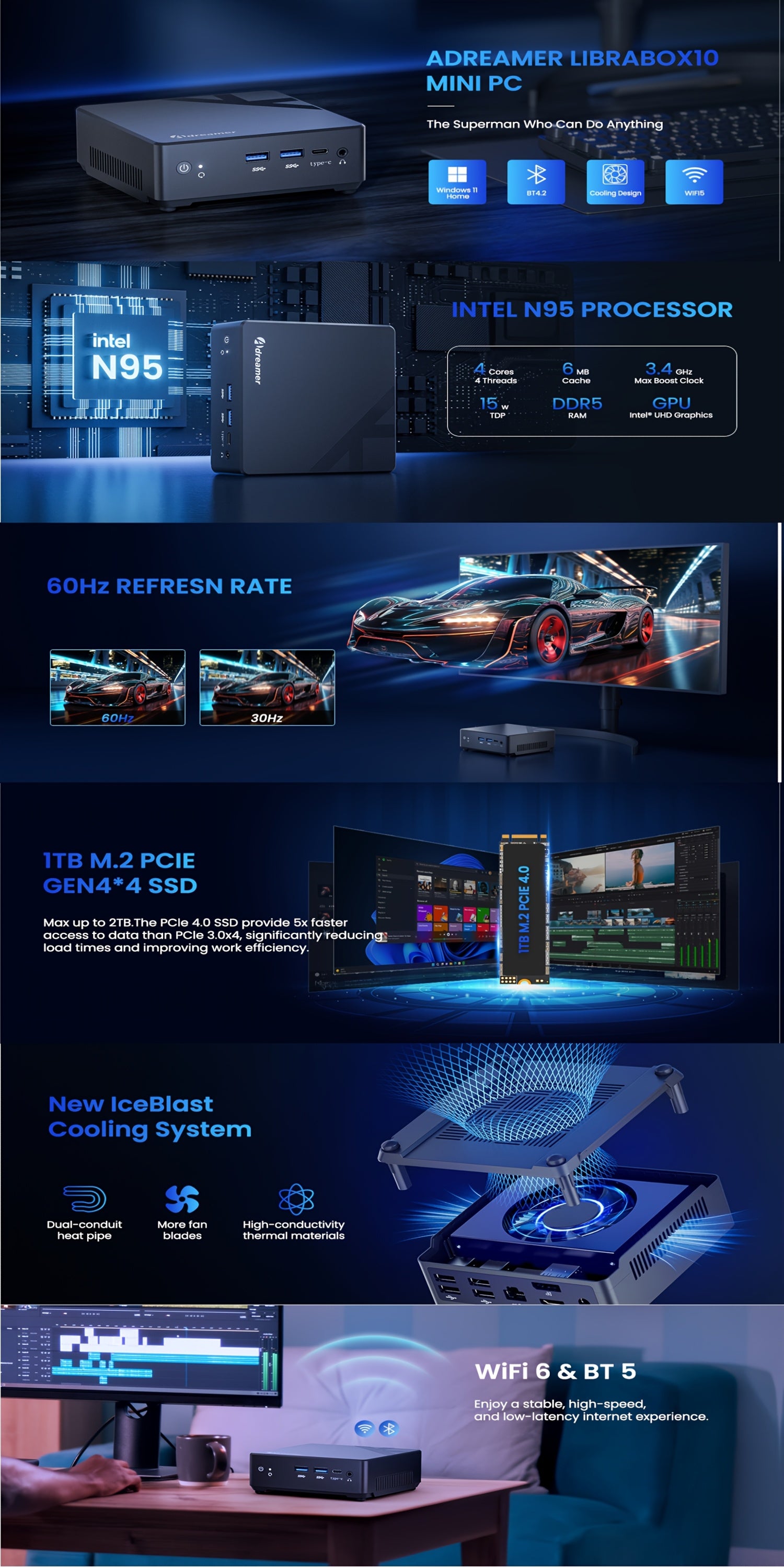 ADREAMER Librabox10 Mini PC Windows 11, Intel N95(Up To 3.4GHz) Micro PC, 8GB 16GB DDR5 RAM 1TB M.2 SSD Mini Desktop Computer, 4K Dual Display/USB/WiFi/BT/RJ45 Ethernet For Home/Office.