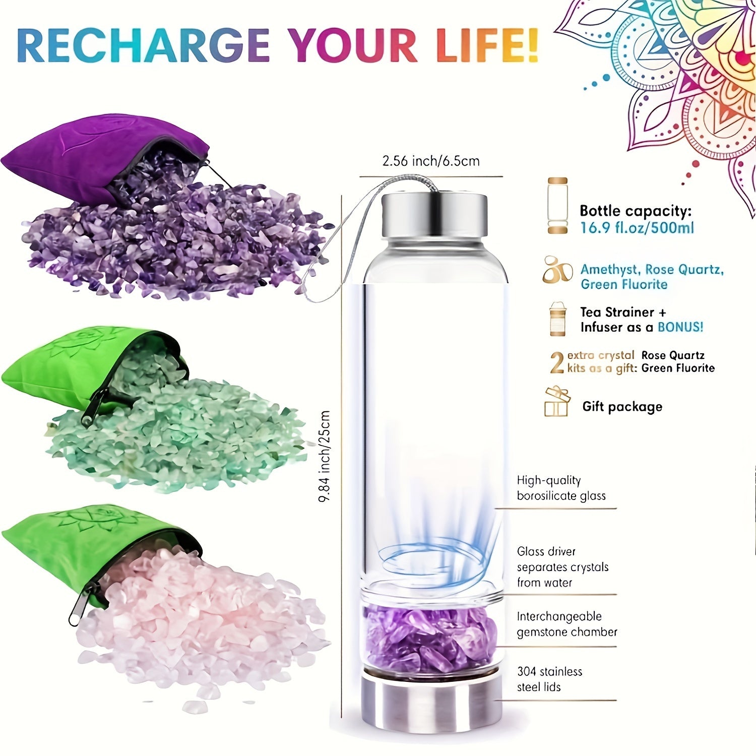 15oz Enchanting Crystal Glass Water Bottle with Natural Stone Infusion - Sustainable, Relaxing Gift for Women with Protective Cover and Detachable Gemstone