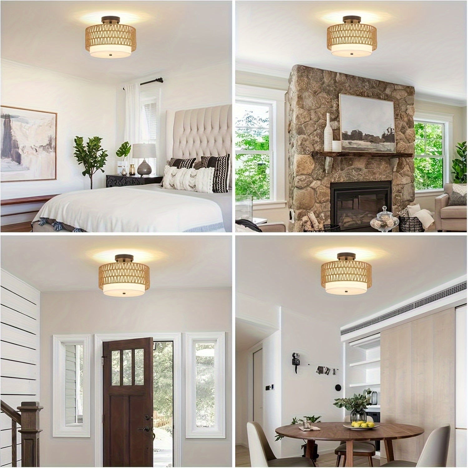 Boho Pendant Light - Semi-Flush Mount Farmhouse Lighting Fixture, for Living Room, Kitchen, Dining Table - Compatible with US Voltage (110-240V) - Bulb Not Included, Boho Lamps for Living Room, Kitchen Fixture, Rustic Charm,