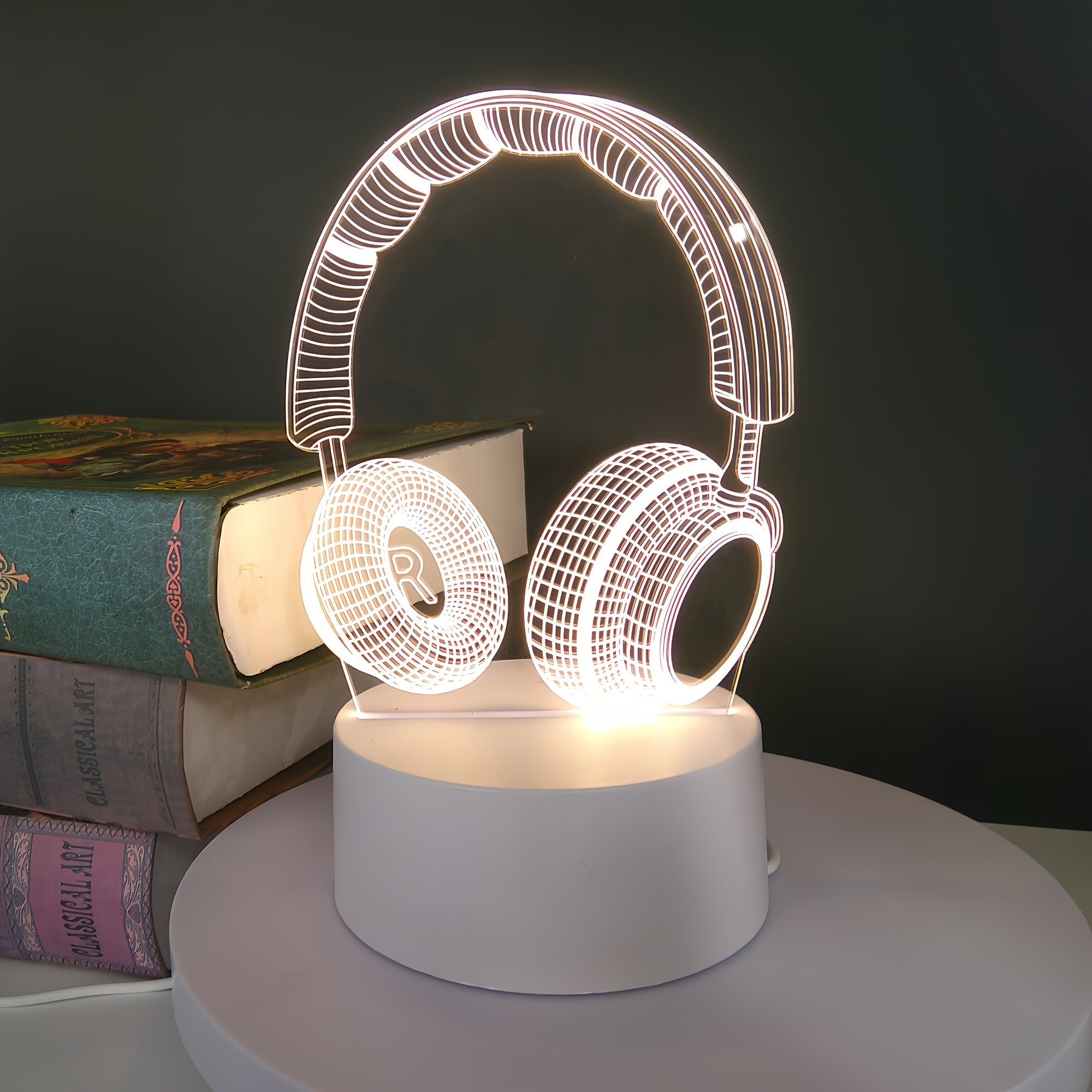 1pc 3D Headphones Night Light with Monochrome Warm White LED, USB Plug-in Ambient Bedroom Decor, Creative Gift for Family &amp; Tech Lovers, No Batteries Needed, Bedroom Accessory, Decorative Lamp, Decorative Craftsmanship