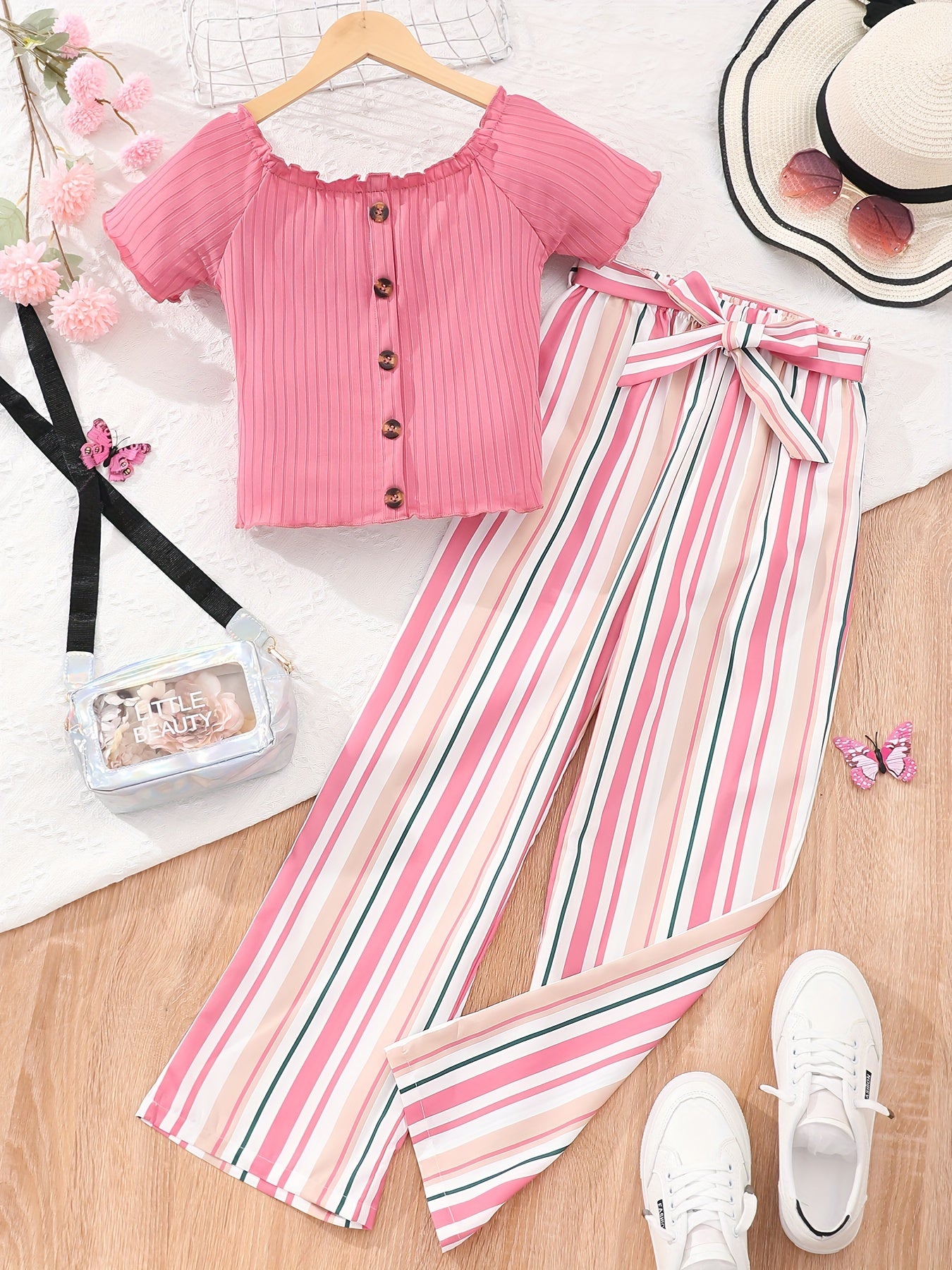 Buy 1 Get 1 Free, total of 2 PCS Adorable Girls' Puff Short Sleeve T-Shirt Top + Striped Pants Set - Soft, Breathable, and Comfortable - Perfect for Spring, Fall, and Christmas Gift Ideas
