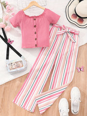 Buy 1 Get 1 Free, total of 2 PCS Adorable Girls' Puff Short Sleeve T-Shirt Top + Striped Pants Set - Soft, Breathable, and Comfortable - Perfect for Spring, Fall, and Christmas Gift Ideas