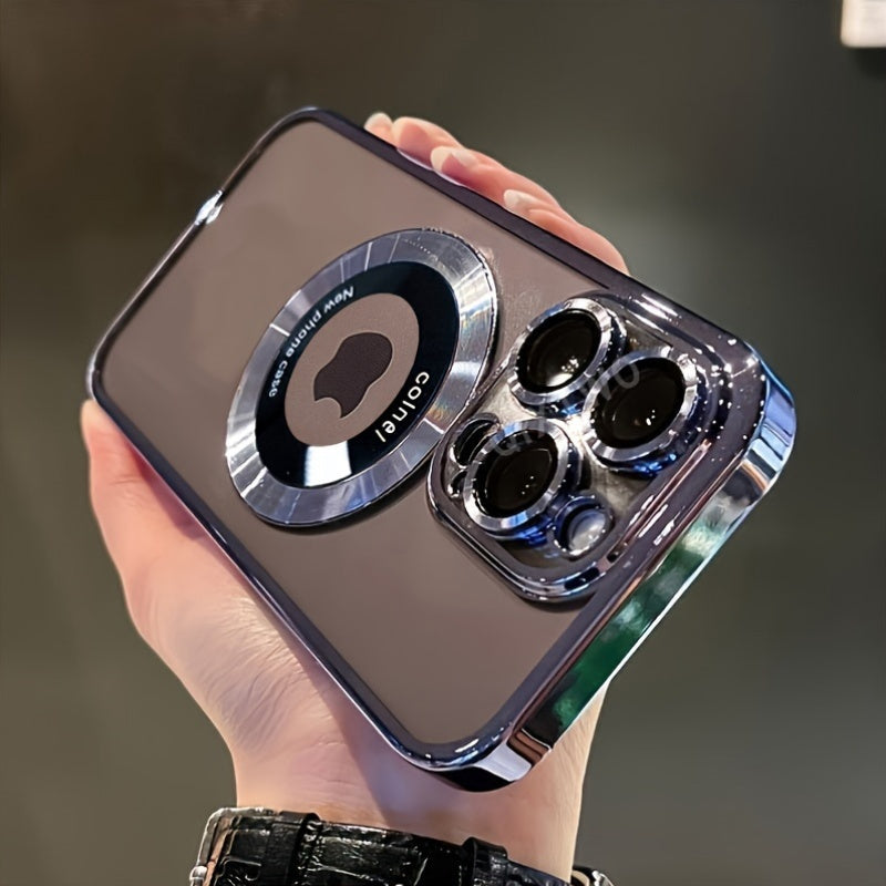 [Luxury Phone Case] Wireless Luxury Phone Case | Transparent Magnetic Electroplated Hollow Logo TPU Shockproof with Lens Film for Iphone 11/12/13/14/15/16 Pro Max Plus Soft Cover