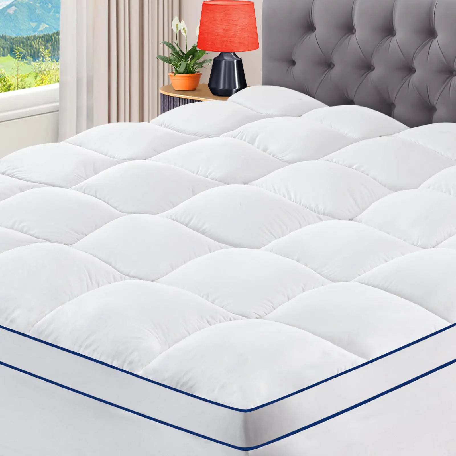 CYMULA Queen Mattress Topper Extra Thick Pillow Top Mattress Topper Firm Cooling Mattress Pad Cover with 8-21 Inch Elasticated Deep Pockets Plush Down Alternative Fill Mattress Protector